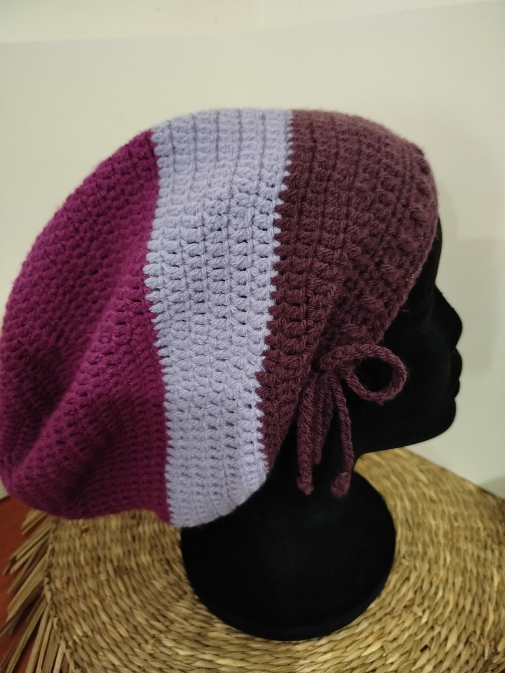 Bonnet crochet tricolore violine