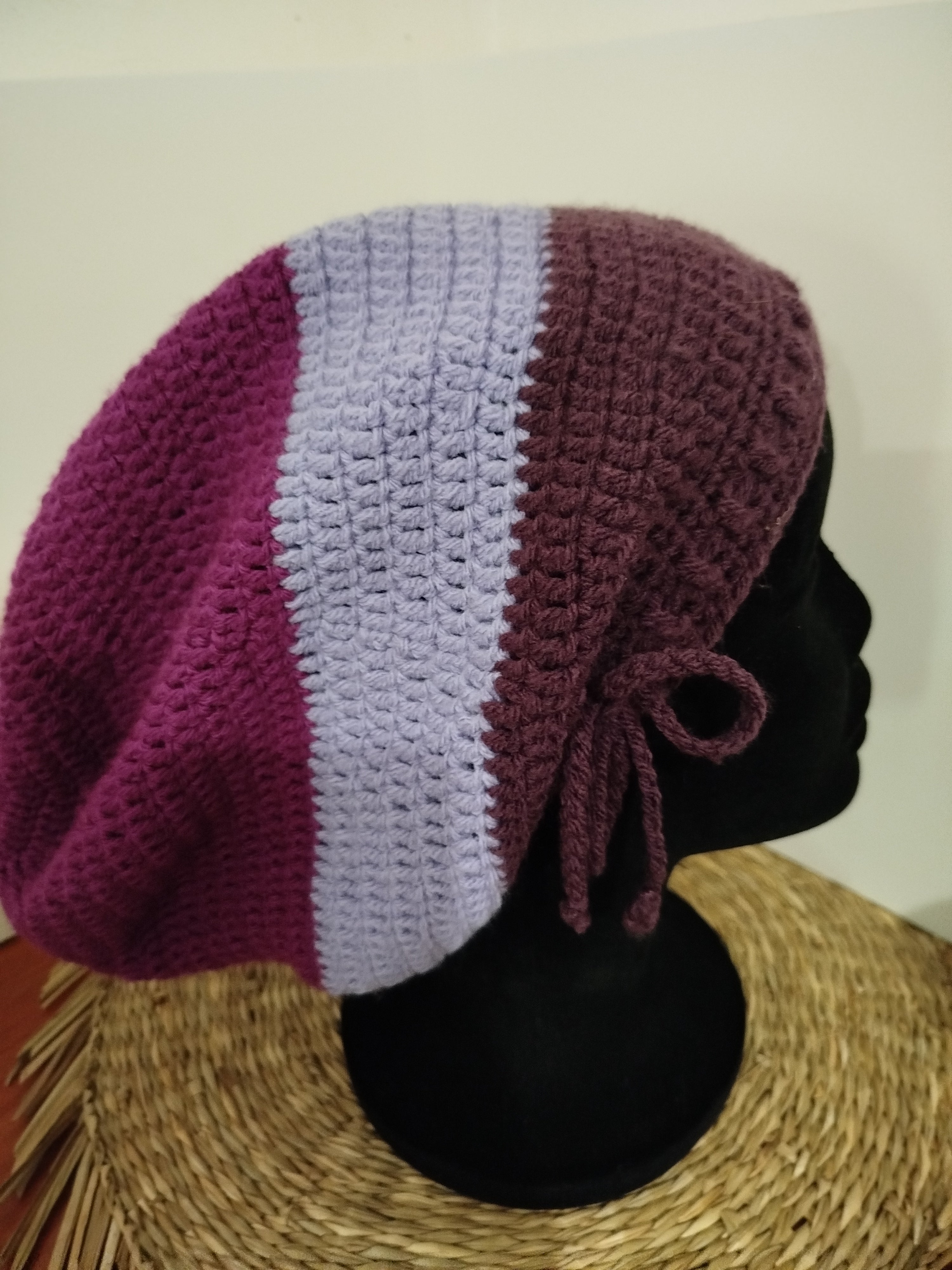 Bonnet crochet tricolore violine