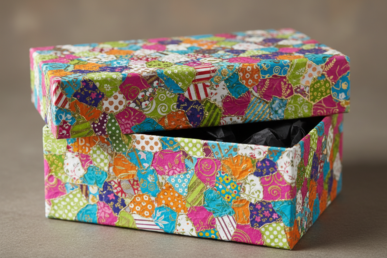 une boite en carton décorée avec le décopatch