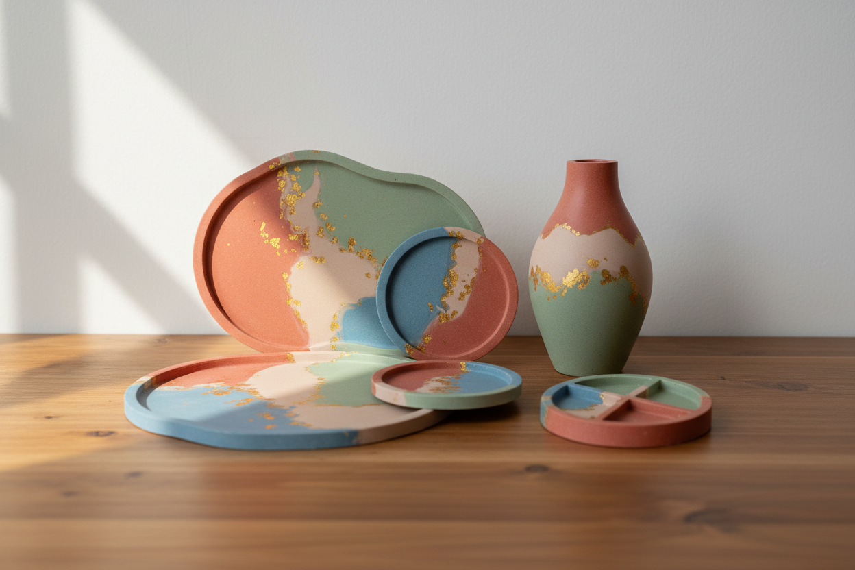 des objets en résine jesmonite avec un fond mur blanc et table en bois