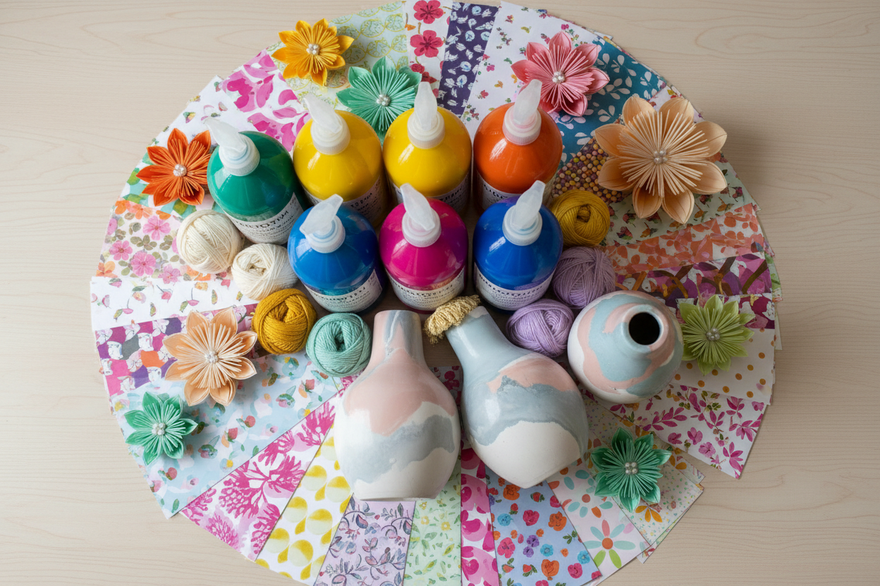 des peintures en grand flacons et des papiers decopatch, des vases en resine jesmonite et des pelotes de laine et des fleurs en papier