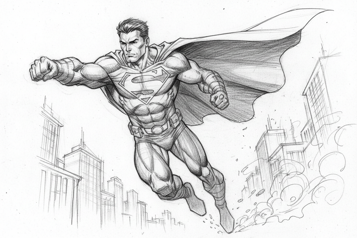 dessin au crayon noir d'un héros de bande dessinée