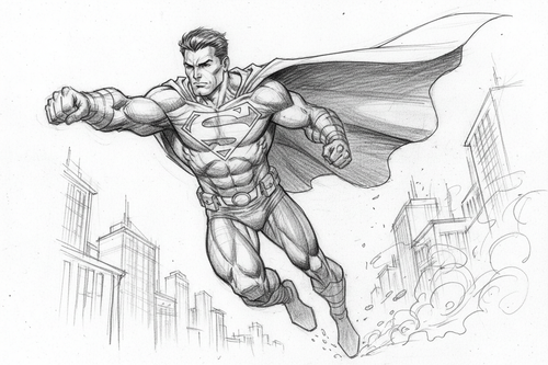 dessin au crayon noir d'un héros de bande dessinée